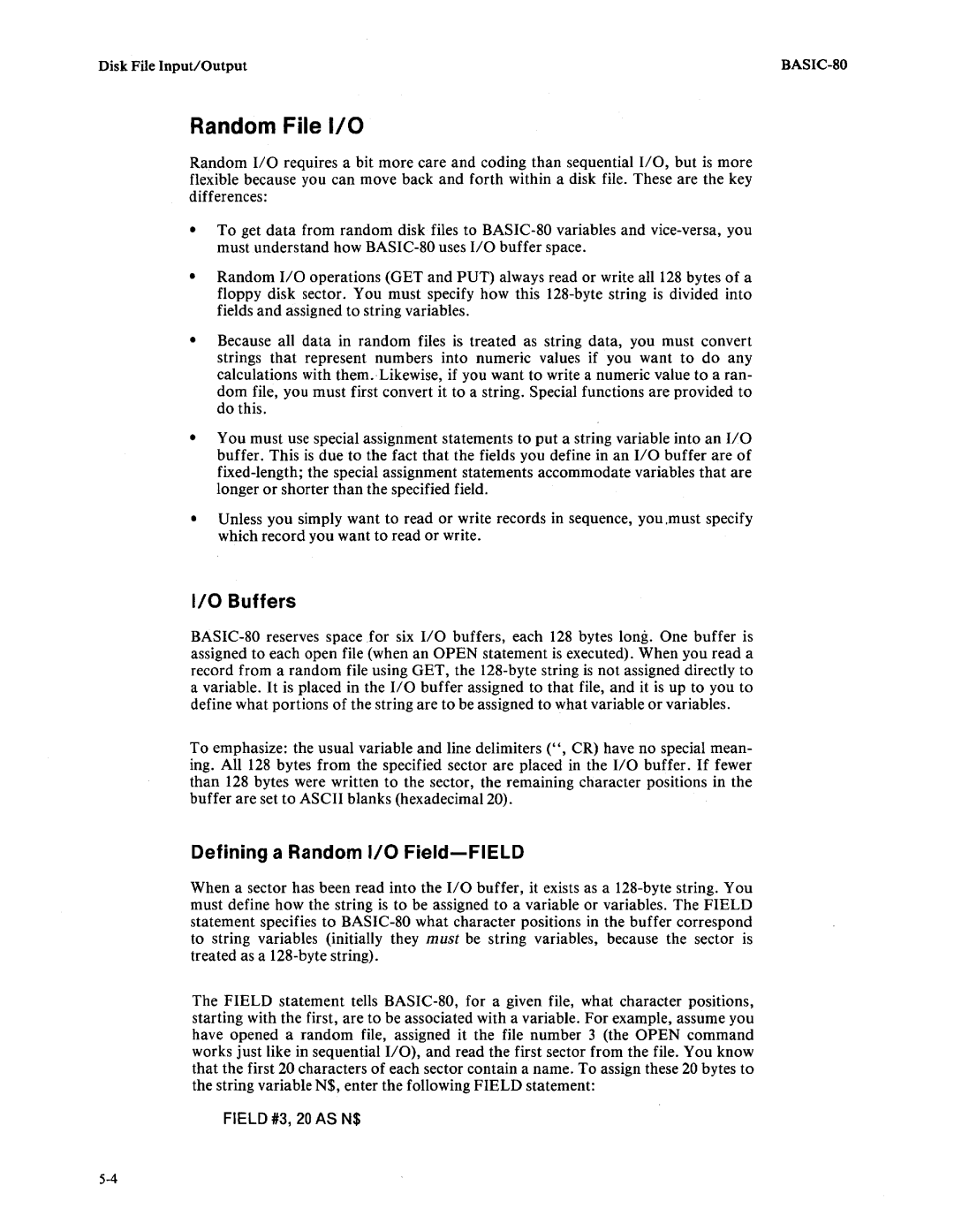 Intel 9800758-02 manual Buffers, Defining a Random 1/0 Field-FIELD, Field #3, 20 AS N$ 