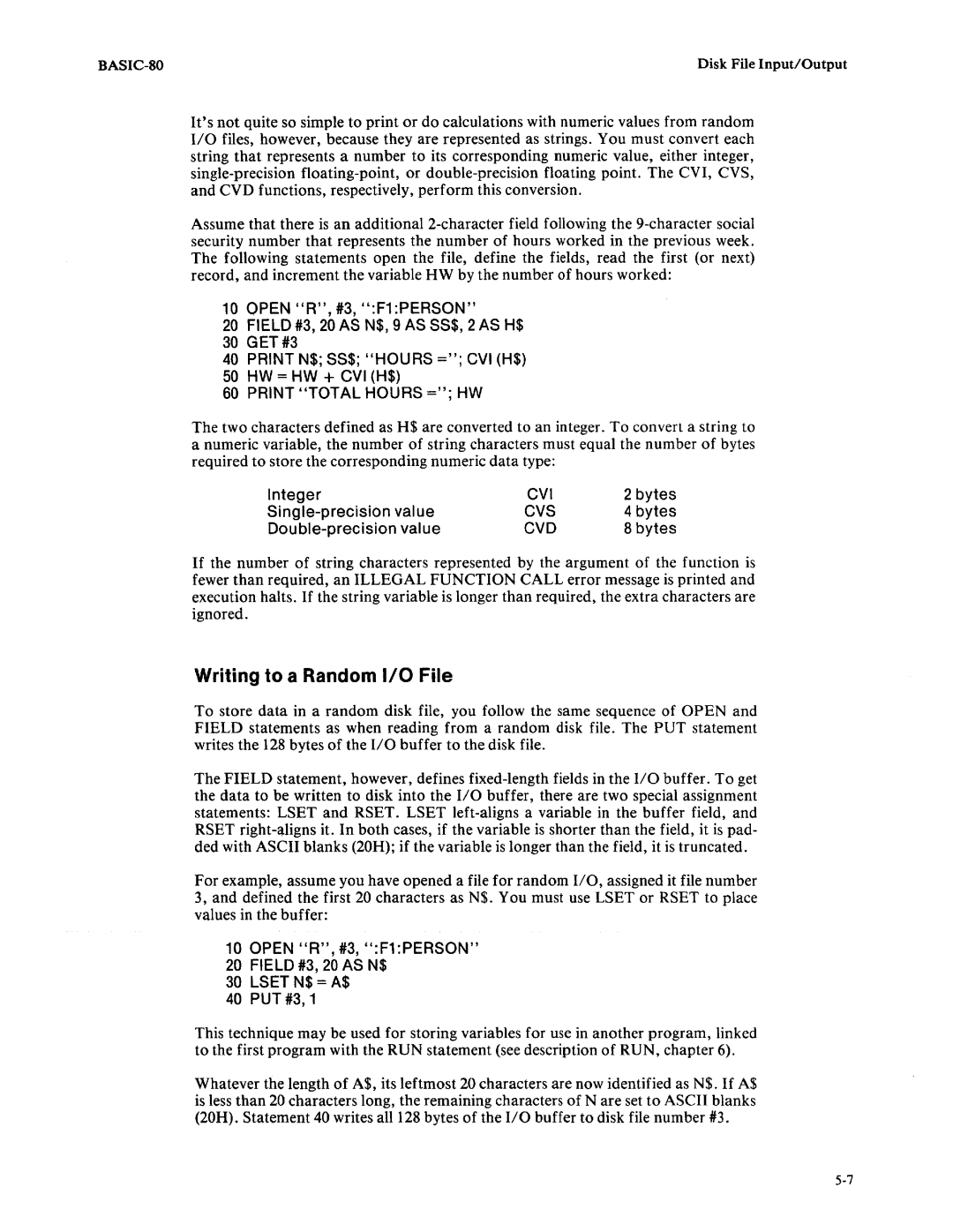 Intel 9800758-02 manual Writing to a Random 1/0 File, Integer, Single-precision value, Double-precision value 