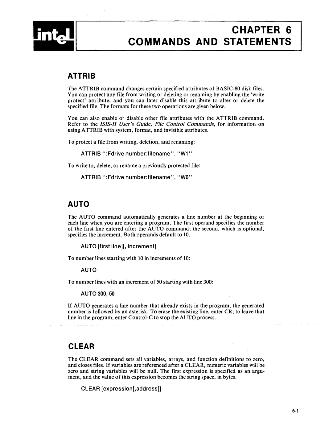 Intel 9800758-02 manual Attrib Fdrive numberfilename, W1, Attrib Fdrive numberfilename, WO, Auto first lineJ, increment 