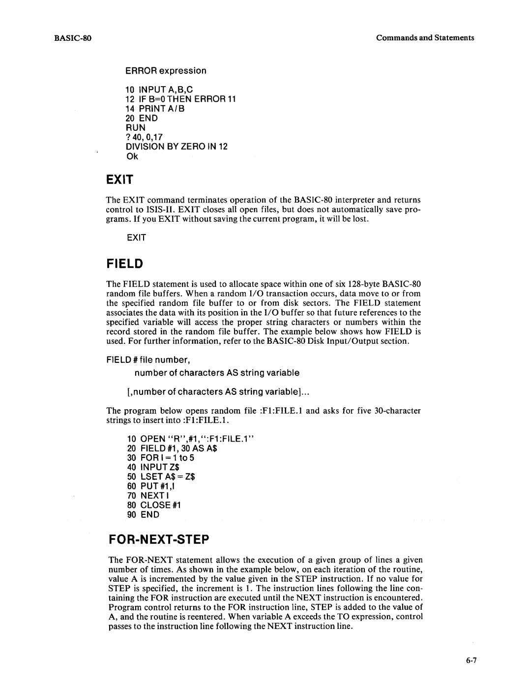 Intel 9800758-02 Exit, For-Next-Step, Error expression, Field # file number Number of characters AS string variable 