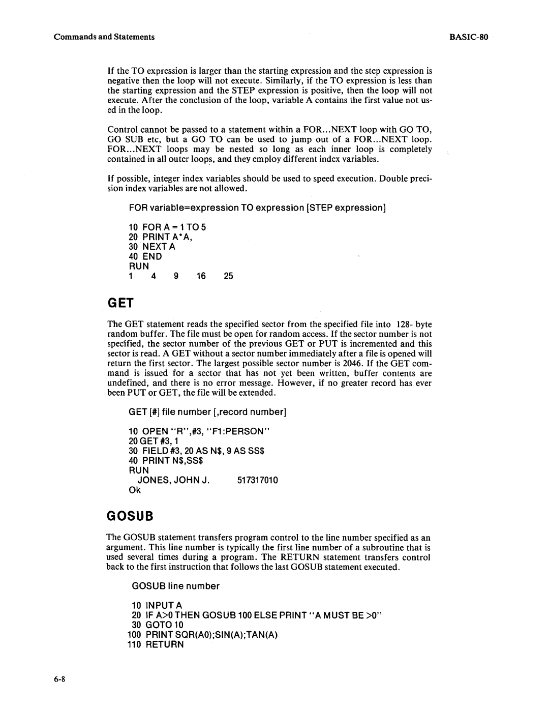 Intel 9800758-02 manual Get, Gosub, For variable=expression to expression Step expression, GET I file number ,record number 