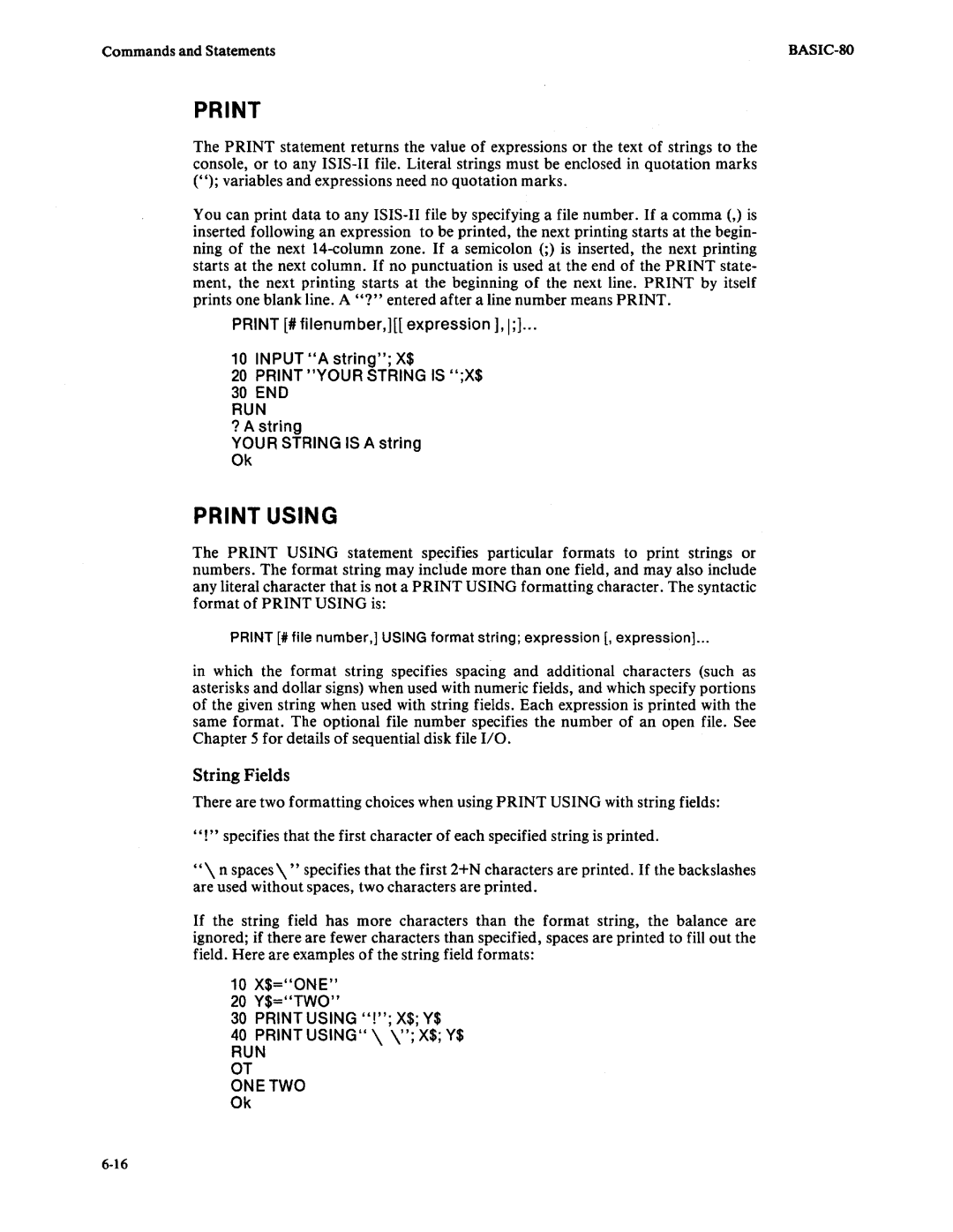 Intel 9800758-02 manual Print Using, String Fields 