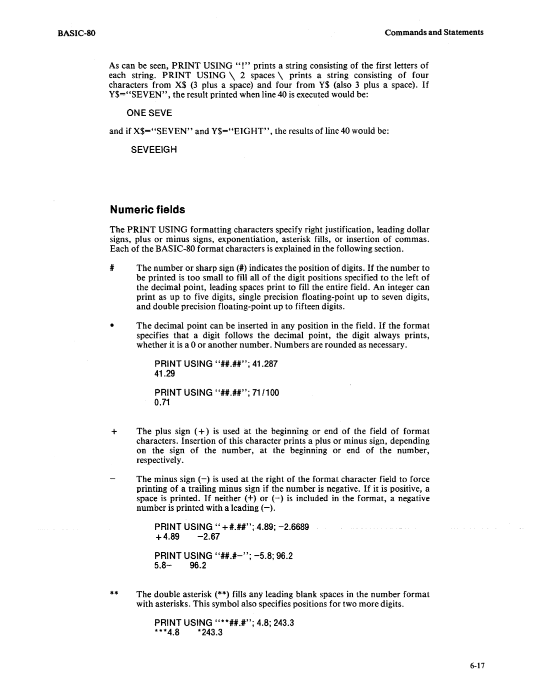 Intel 9800758-02 manual Numeric fields, If X$=SEVEN and Y$=EIGHT, the results of line 40 would be 