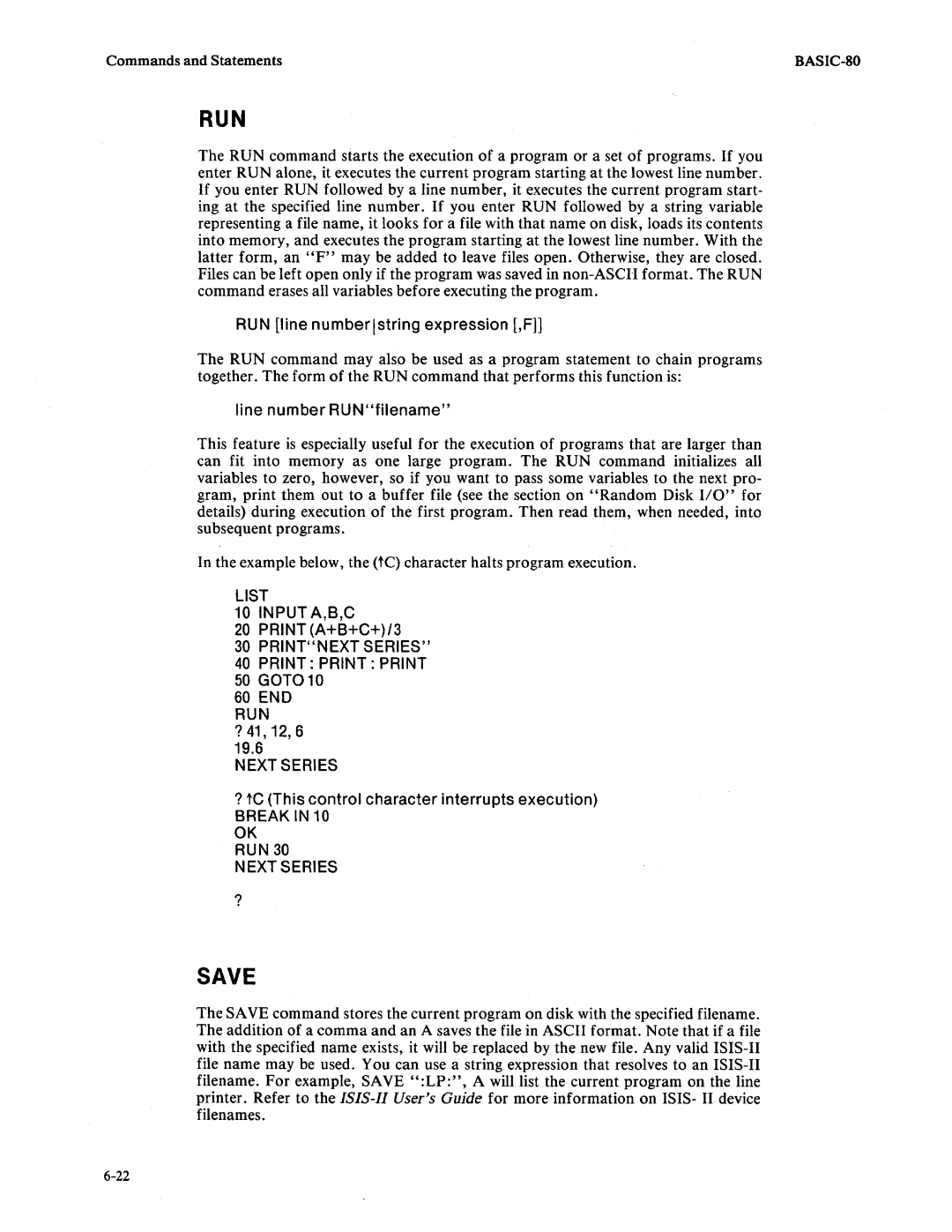 Intel 9800758-02 manual Save, RUN line numberlstring expression ,F, Line number RUN filename, 60 END 