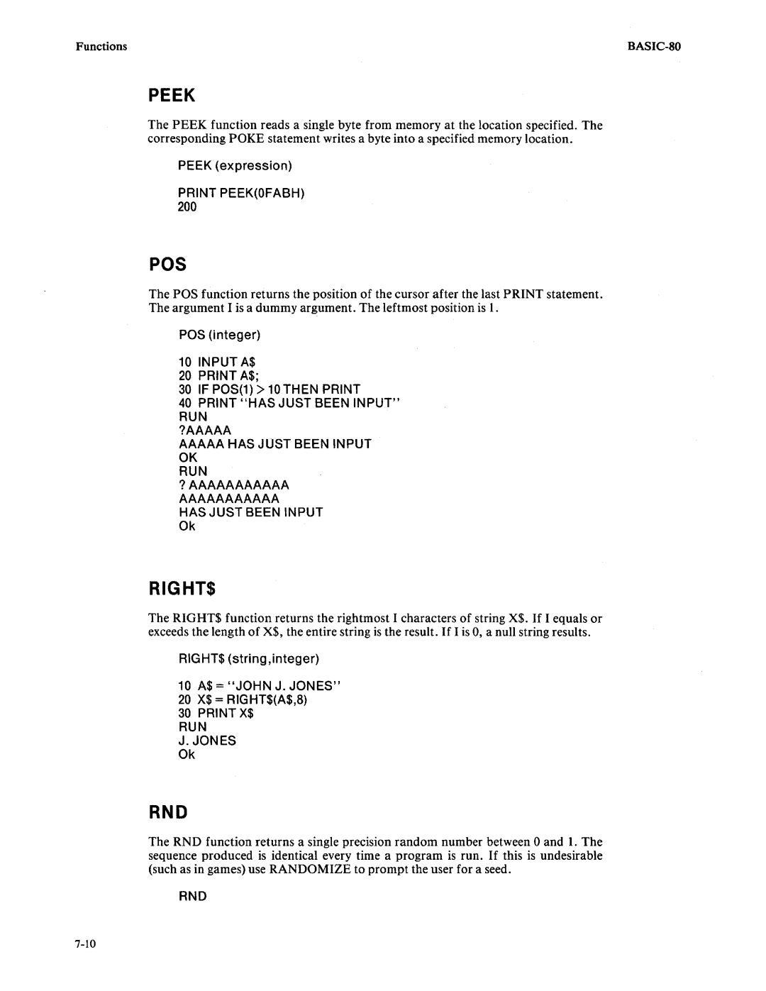 Intel 9800758-02 manual Rights, Peek expression, POS integer, RIGHT$ string,integer 