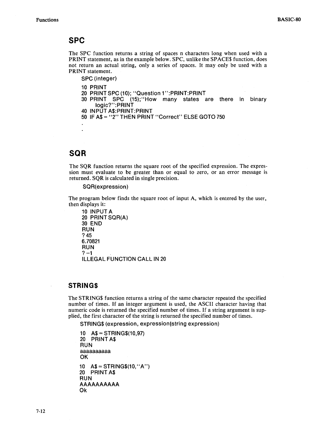 Intel 9800758-02 manual Spc, SPC integer, If A$ = 2 then Print Correct Else Goto, SQRexpression 