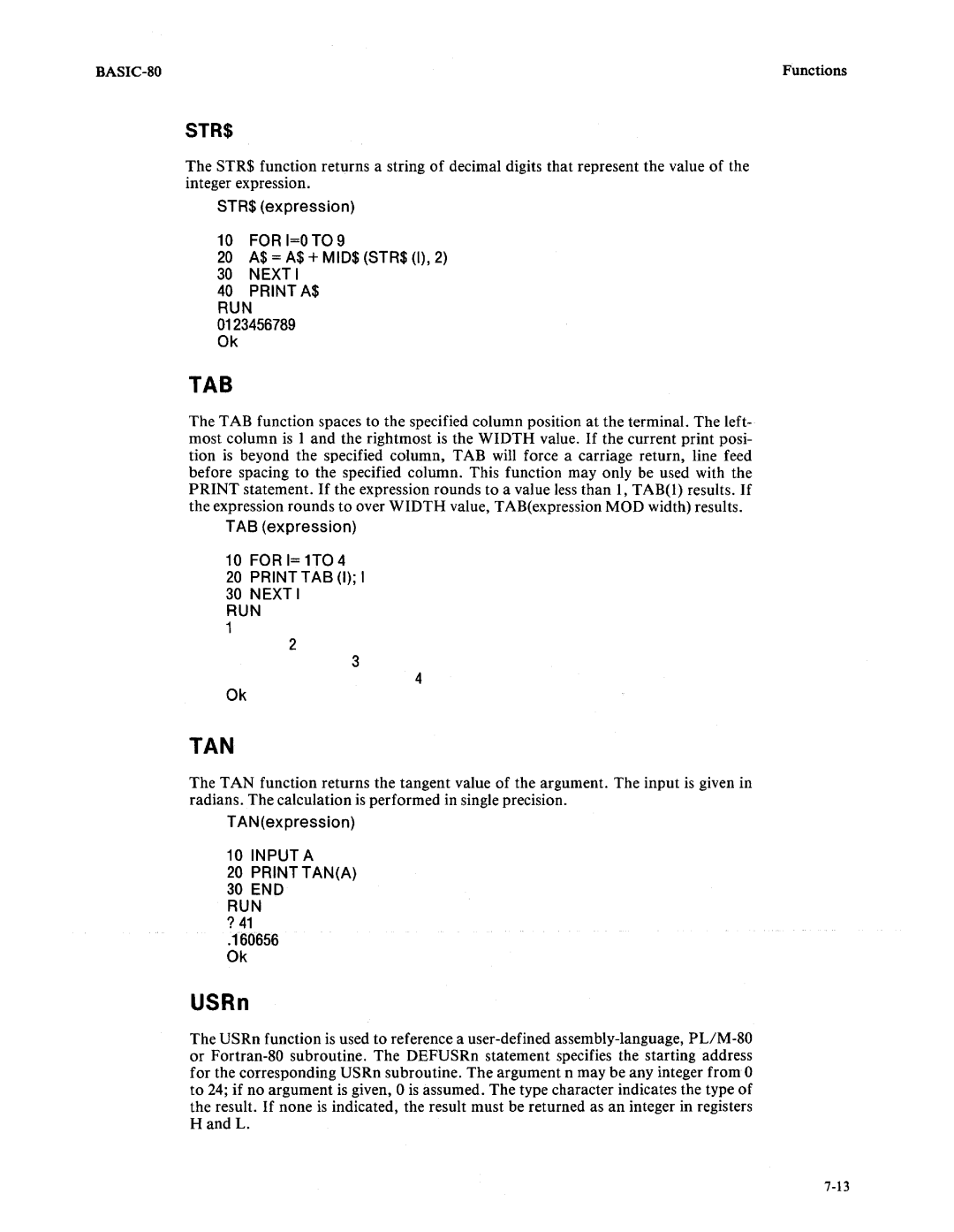 Intel 9800758-02 manual STR$ expression, TAB expression, TAN expression 