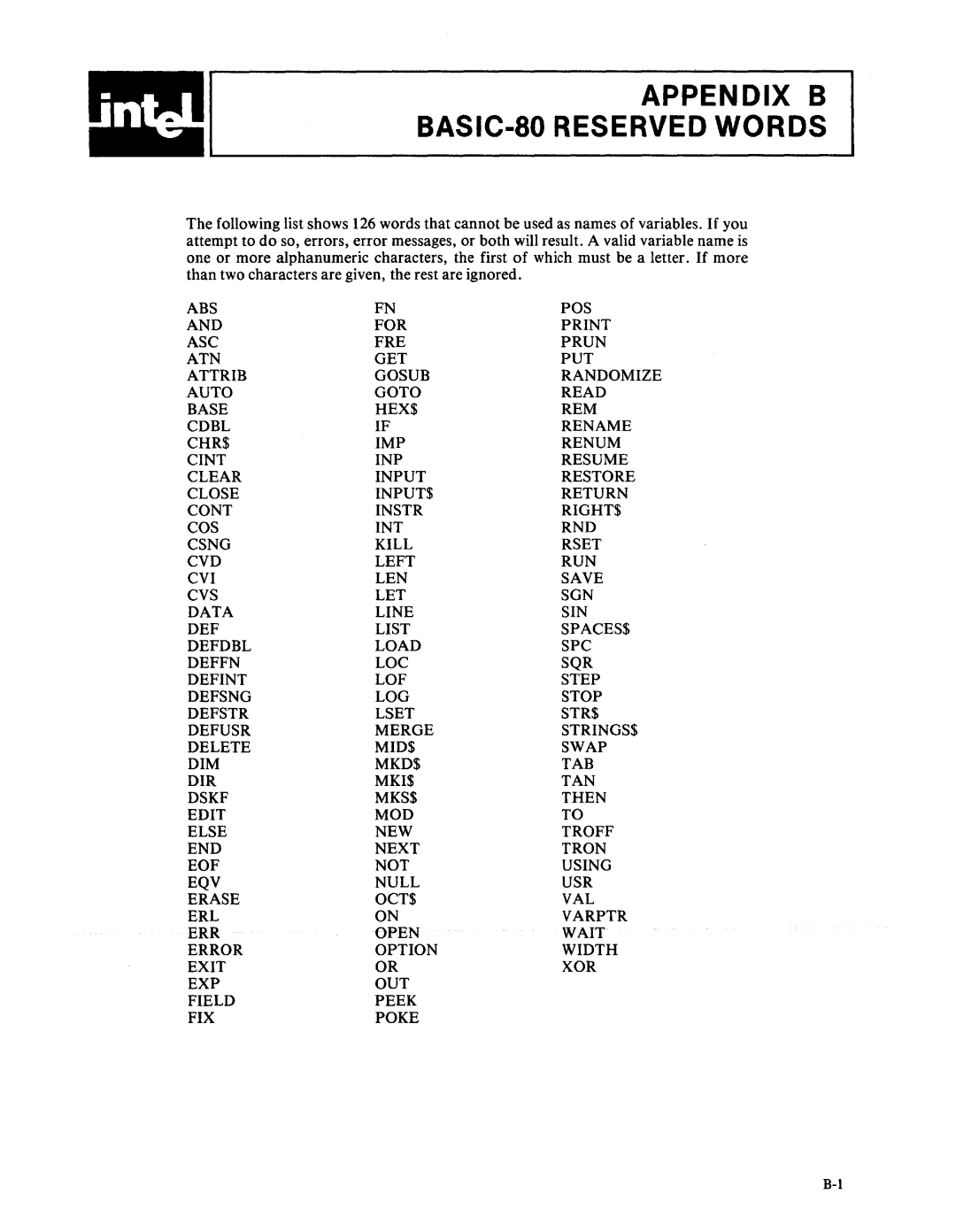 Intel 9800758-02 manual Appendix B BASIC-SO Reserved Words 