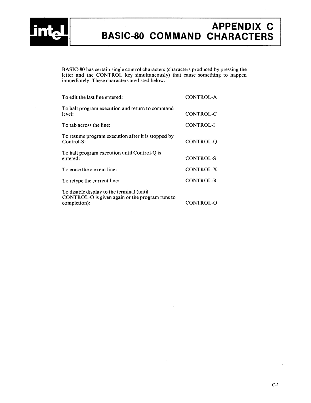 Intel 9800758-02 manual To halt program execution and return to command, Level, To tab across the line, Control-S, Entered 