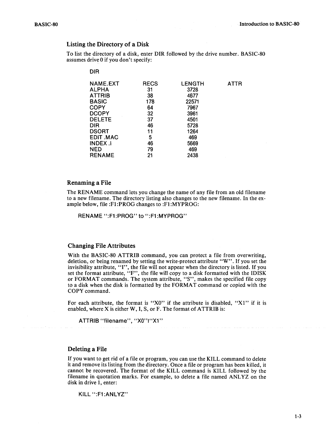 Intel 9800758-02 manual Listing the Directory of a Disk, Renaming a File, Changing File Attributes, Deleting a File 