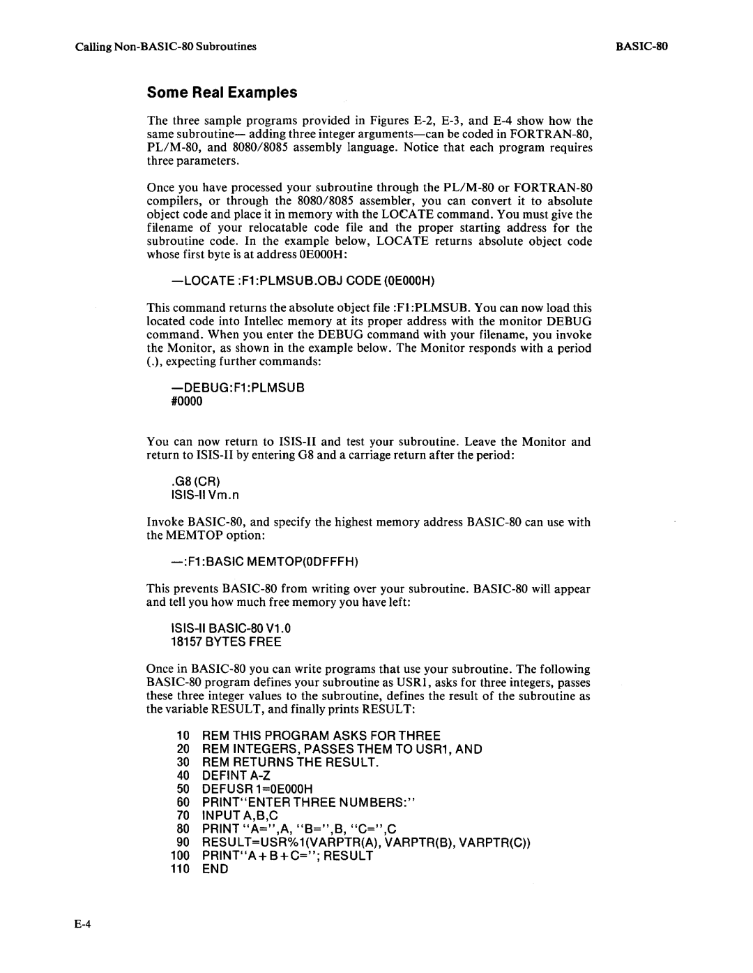 Intel 9800758-02 manual Some Real Examples, RESULT=USR%1VARPTRA, VARPTRB, VARPTRC» PRINTA+B+C= Result 