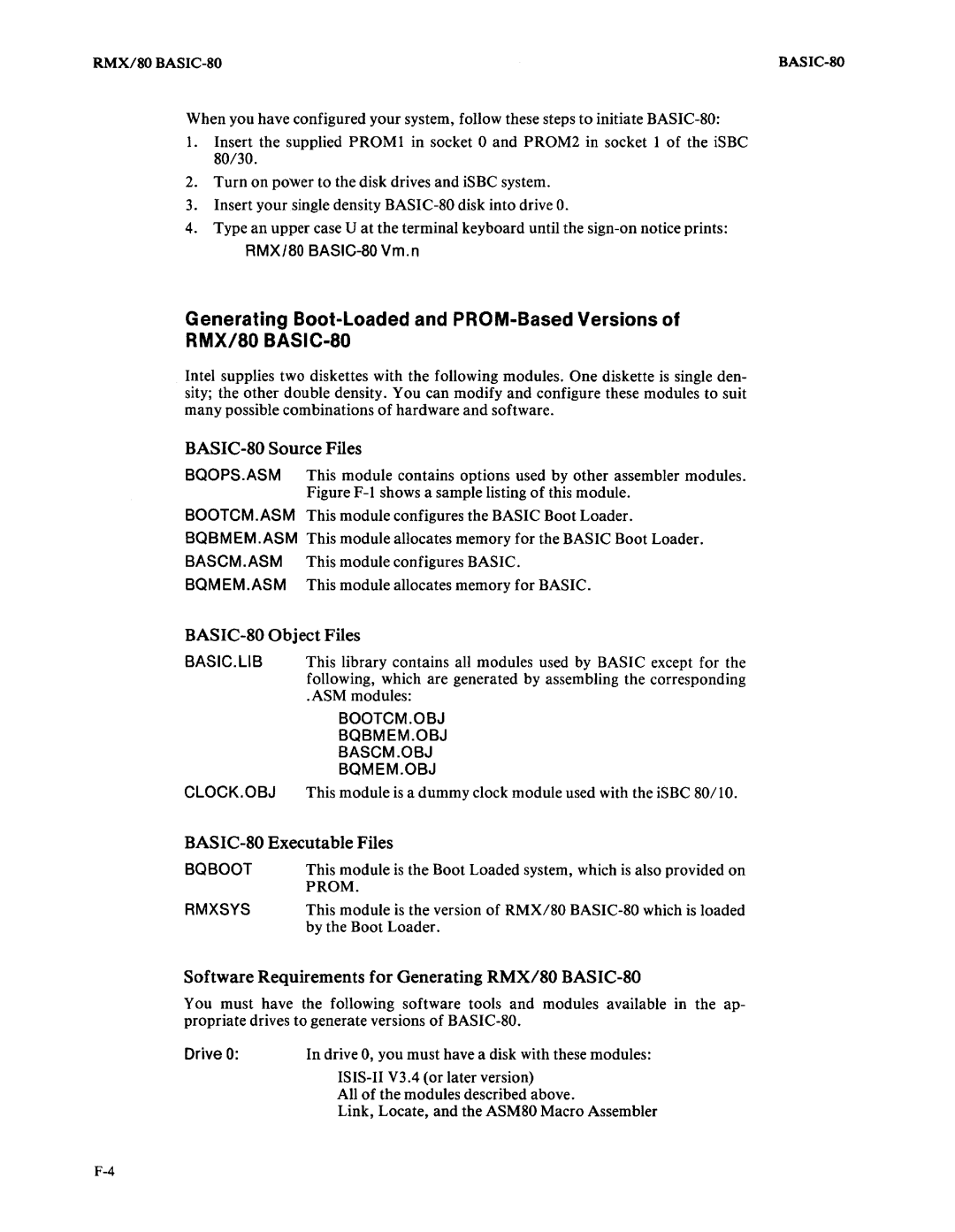 Intel 9800758-02 manual Generating Boot-Loaded and PROM-Based Versions, BASIC-80 Source Files, BASIC-80 Object Files 