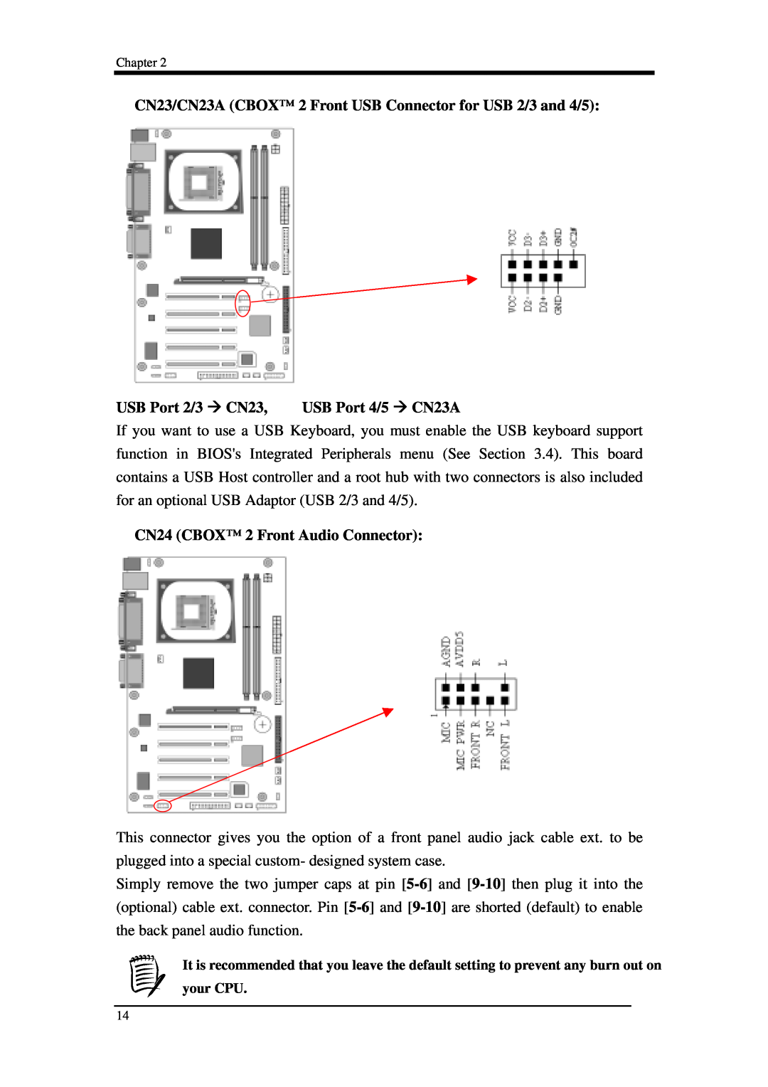 Intel 9EJL4 manual USB Port 2/3 CN23, USB Port 4/5 CN23A, CN24 CBOX 2 Front Audio Connector, Chapter 
