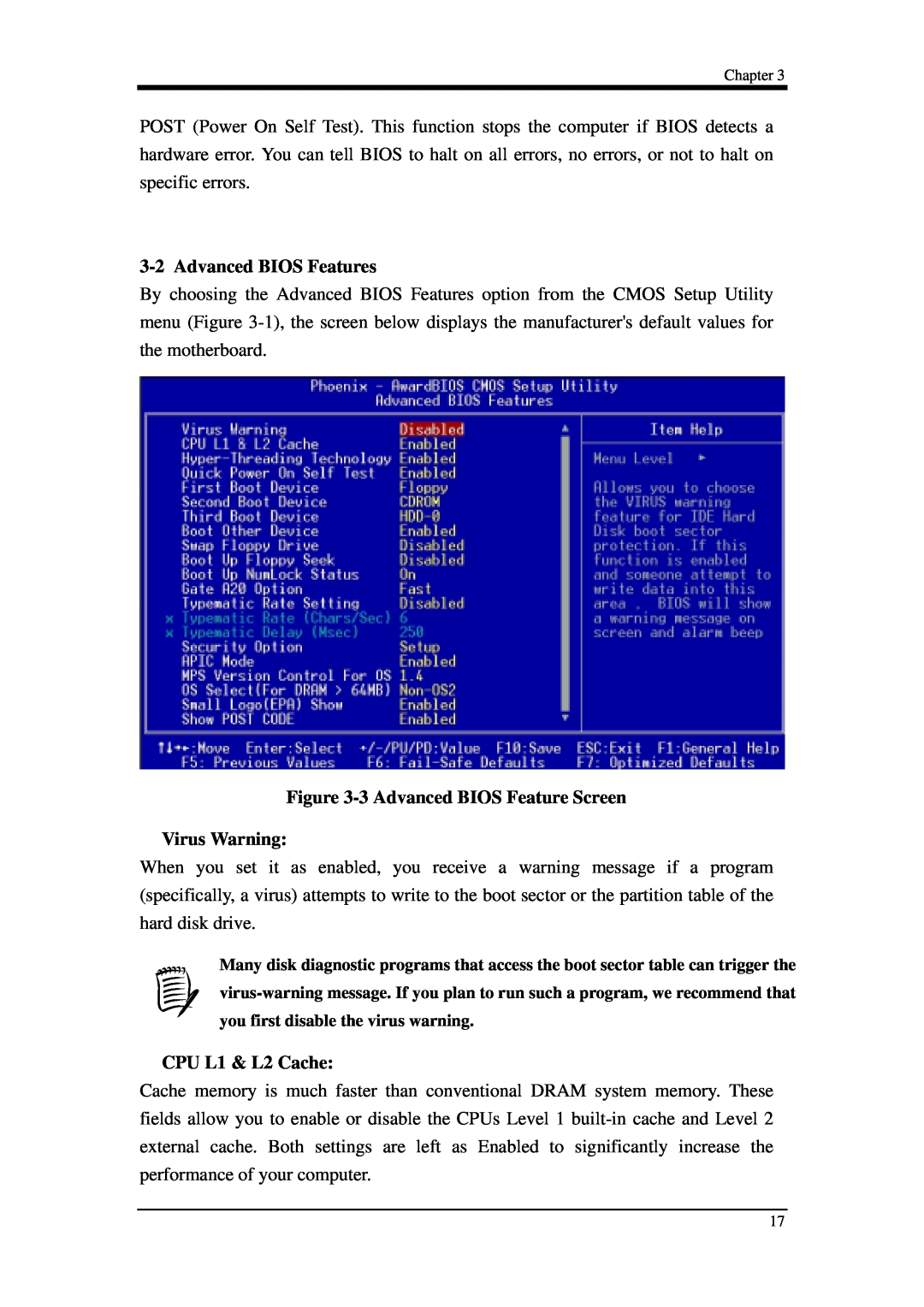 Intel 9EJL4 manual 3-2Advanced BIOS Features, 3Advanced BIOS Feature Screen, Virus Warning, CPU L1 & L2 Cache, Chapter 