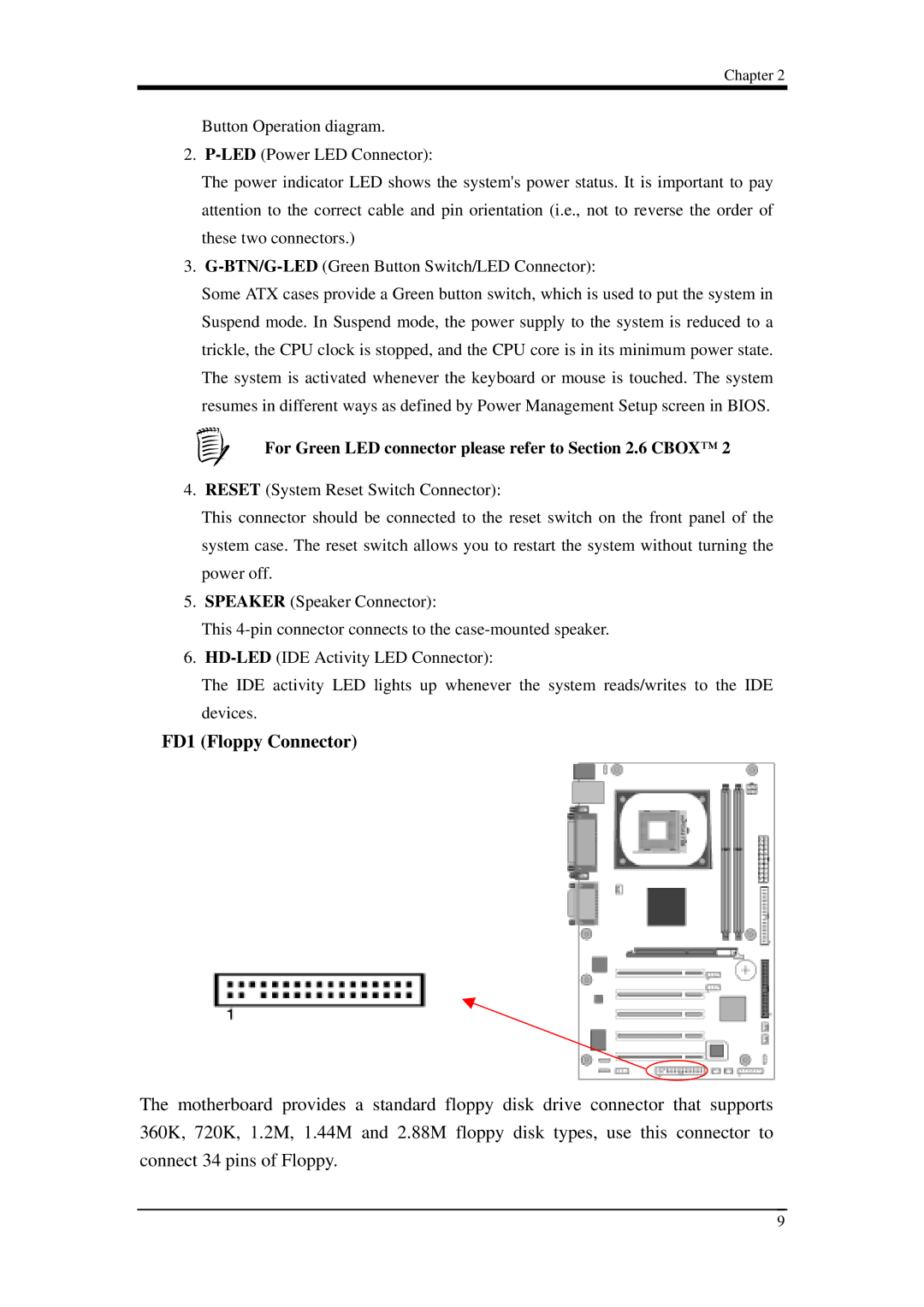 Intel 9EJL4 manual FD1 Floppy Connector, For Green LED connector please refer to .6 Cbox 