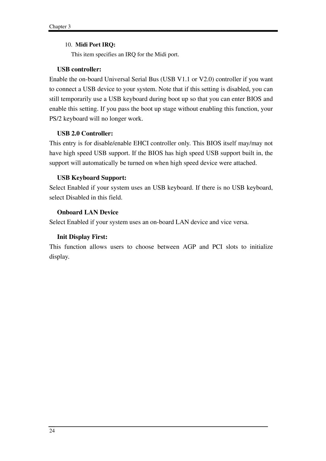 Intel 9EJL4 manual USB controller, USB 2.0 Controller, USB Keyboard Support, Onboard LAN Device, Init Display First 