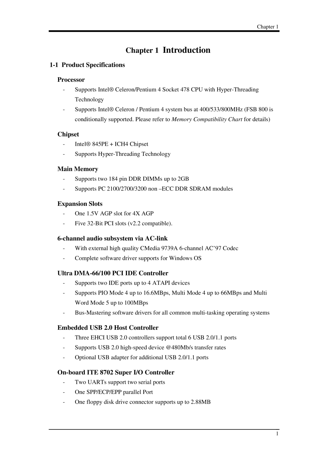 Intel 9EJL4 Product Specifications Processor, Chipset, Main Memory, Expansion Slots, Channel audio subsystem via AC-link 