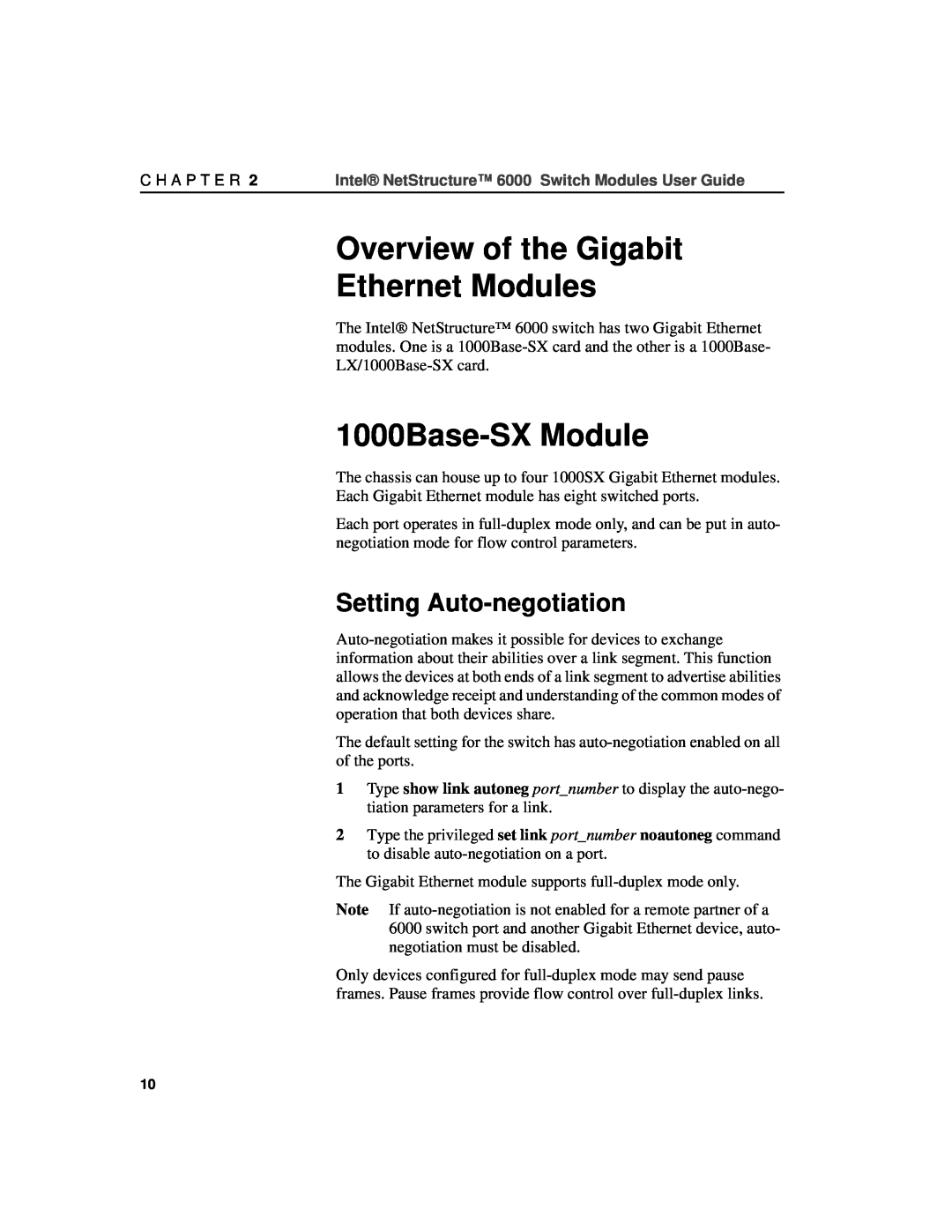 Intel A21721-001 manual Overview of the Gigabit Ethernet Modules, 1000Base-SX Module, Setting Auto-negotiation 