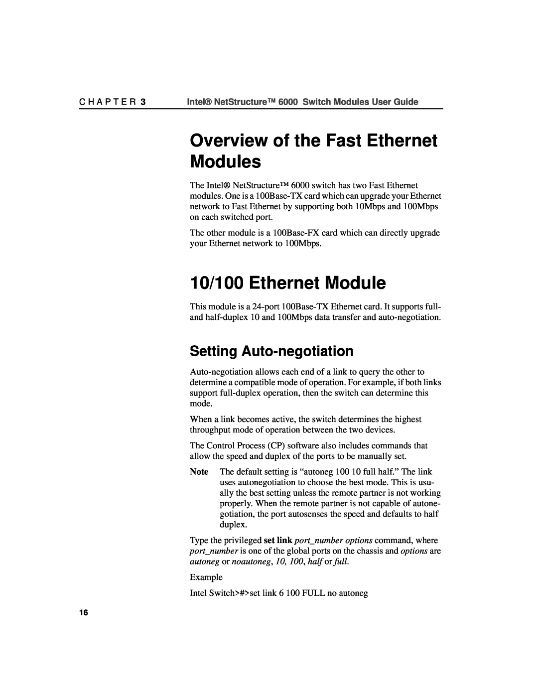 Intel A21721-001 manual Overview of the Fast Ethernet Modules, 10/100 Ethernet Module, Setting Auto-negotiation 
