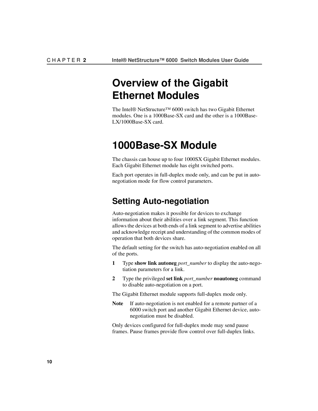 Intel A21721-001 manual Overview of the Gigabit Ethernet Modules, Setting Auto-negotiation 