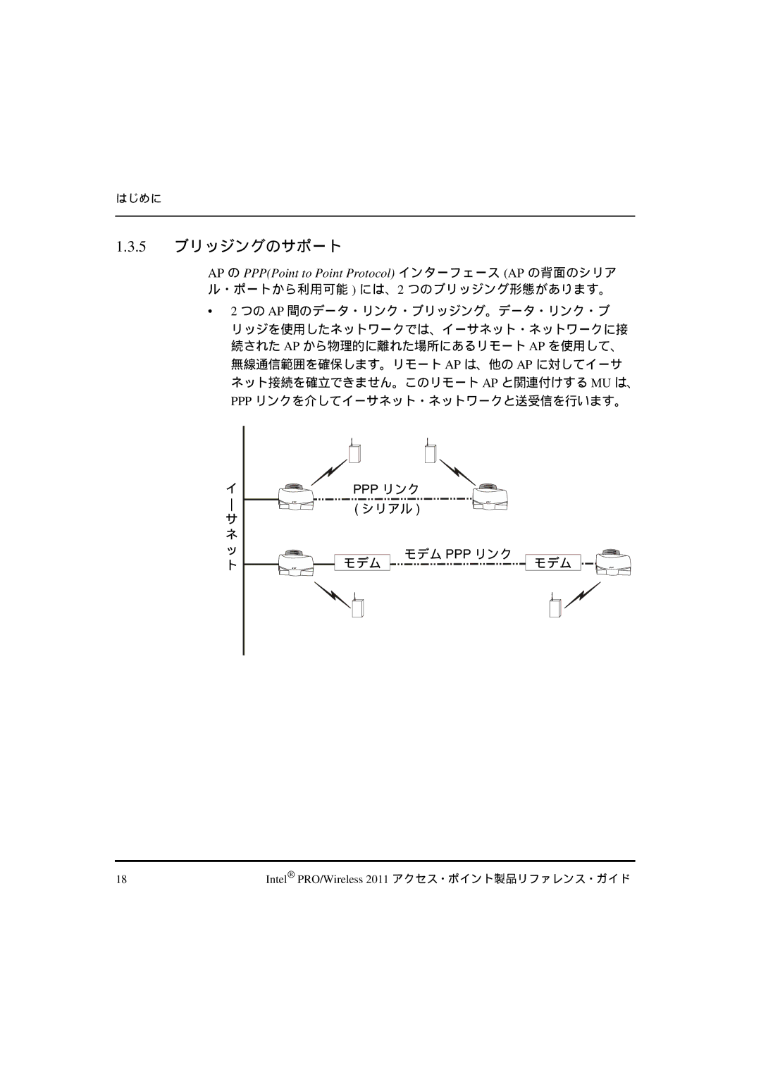 Intel A28555-01 manual 5 ブリッジングのサポート, AP の PPPPoint to Point Protocol インターフェース AP の背面のシリア, ・ポートから利用可能 には、2 つのブリッジング形態があります。 