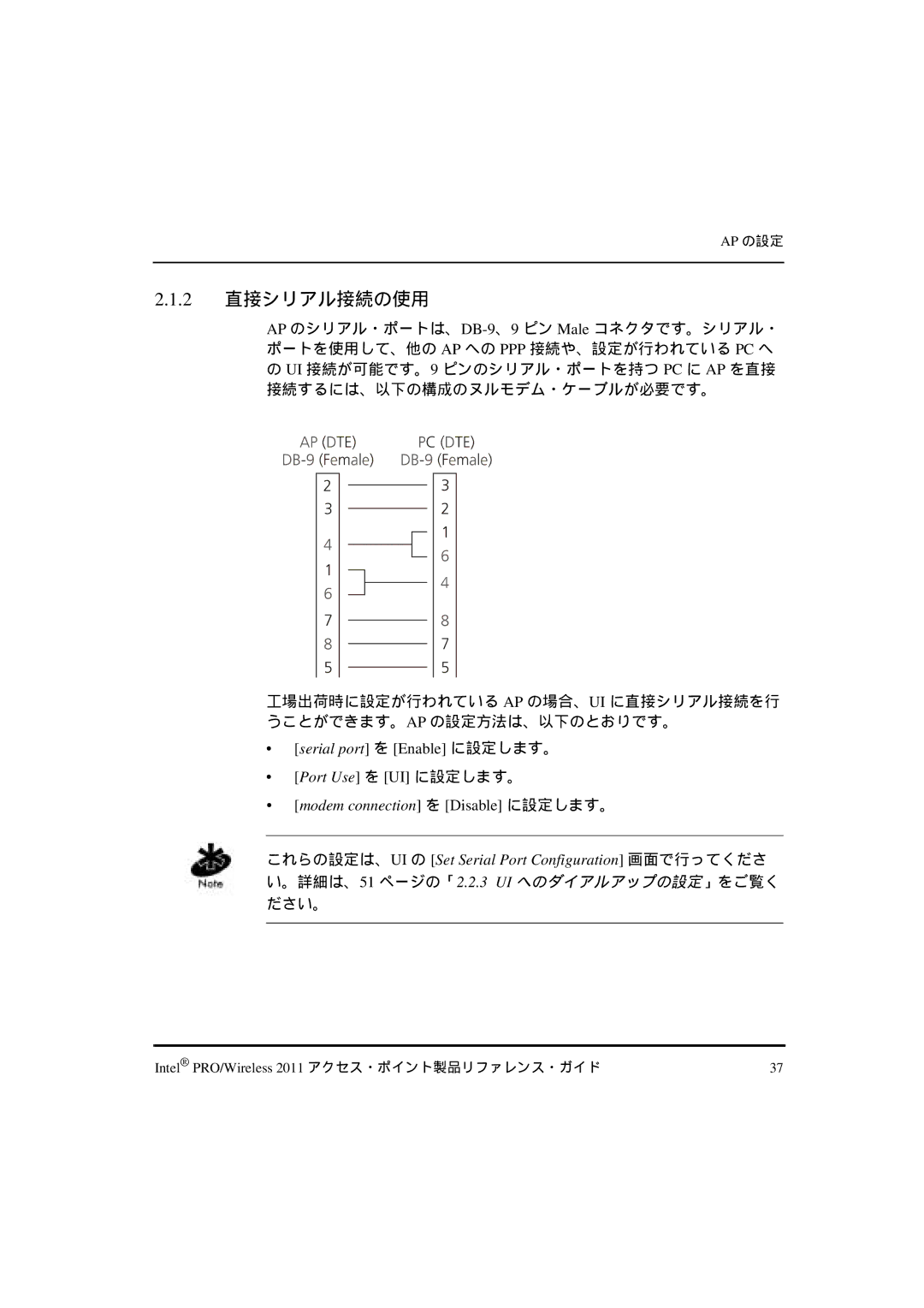 Intel A28557-01 2 直接シリアル接続の使用, Serial port を Enable に設定します。, Port Use を UI に設定します。, Modem connection を Disable に設定します。 