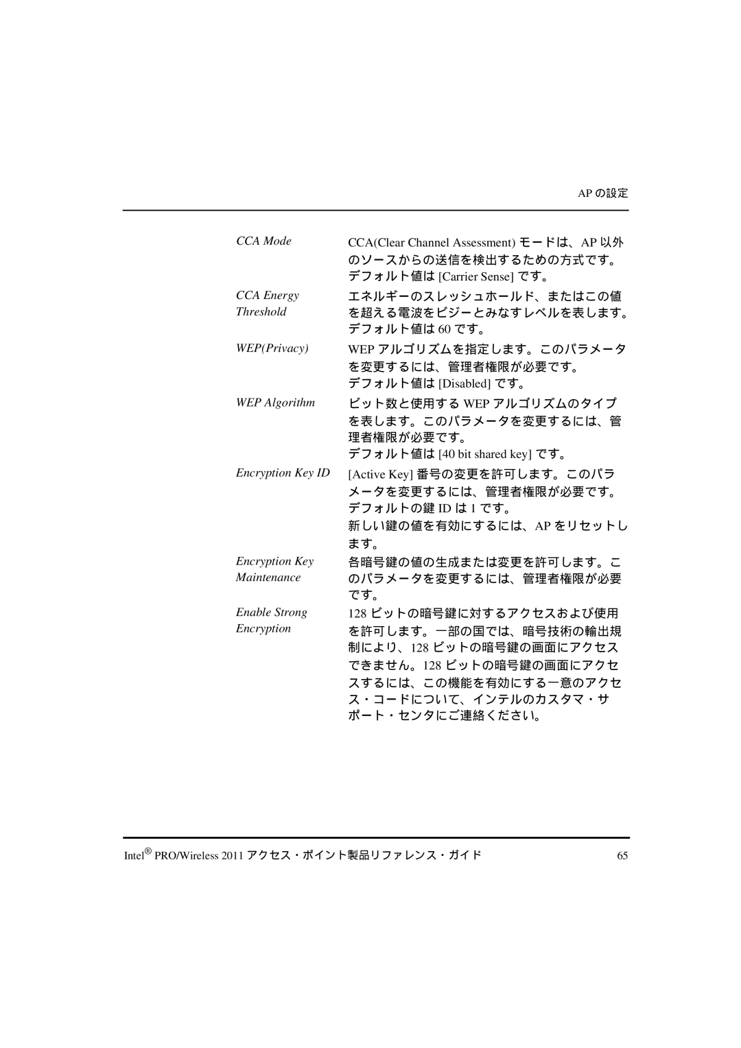 Intel A28553-01, A28557-01, A28555-01 manual CCA Mode, CCA Energy, Threshold, WEPPrivacy WEP Algorithm 