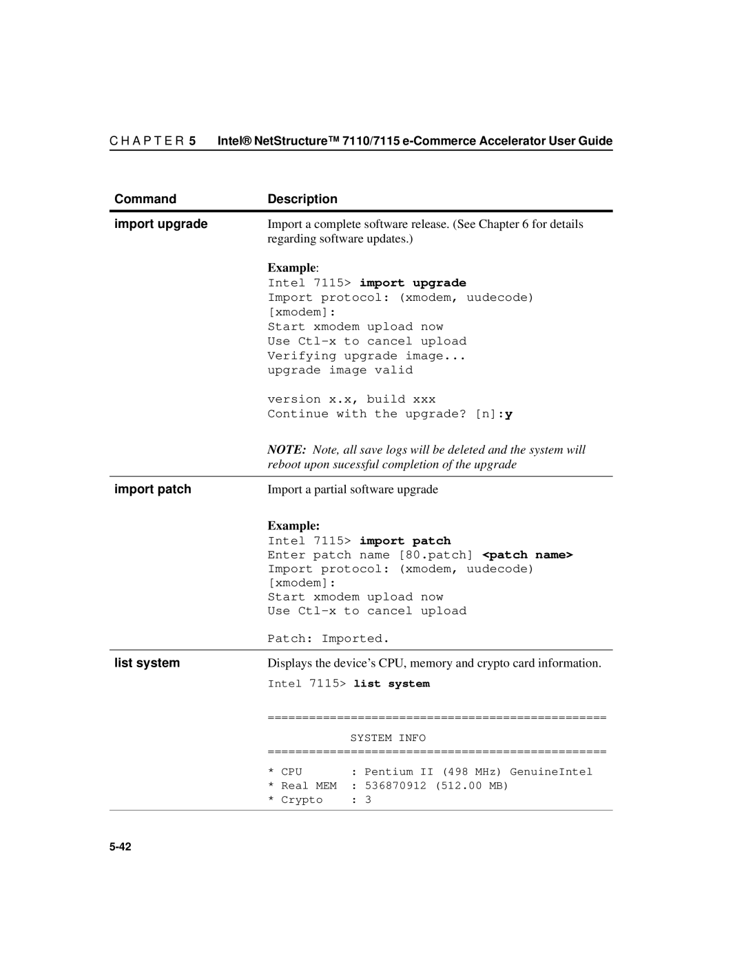 Intel A31032-001 manual Command Description Import upgrade, Import patch, List system 