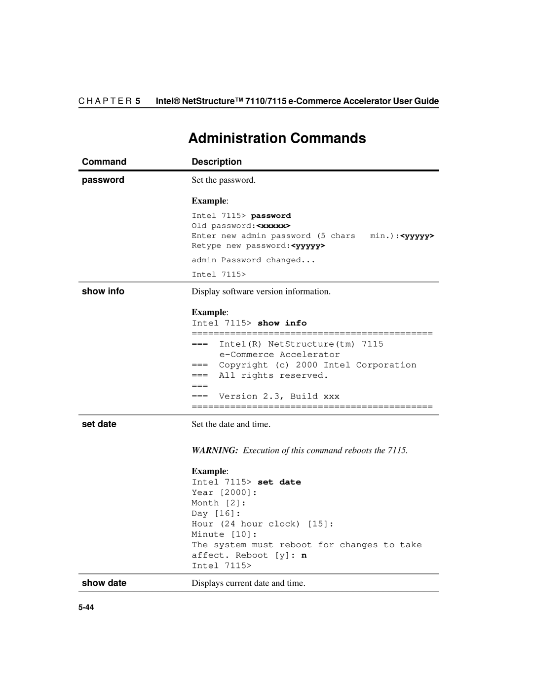 Intel A31032-001 manual Administration Commands, Command Description Password, Show info, Set date, Show date 