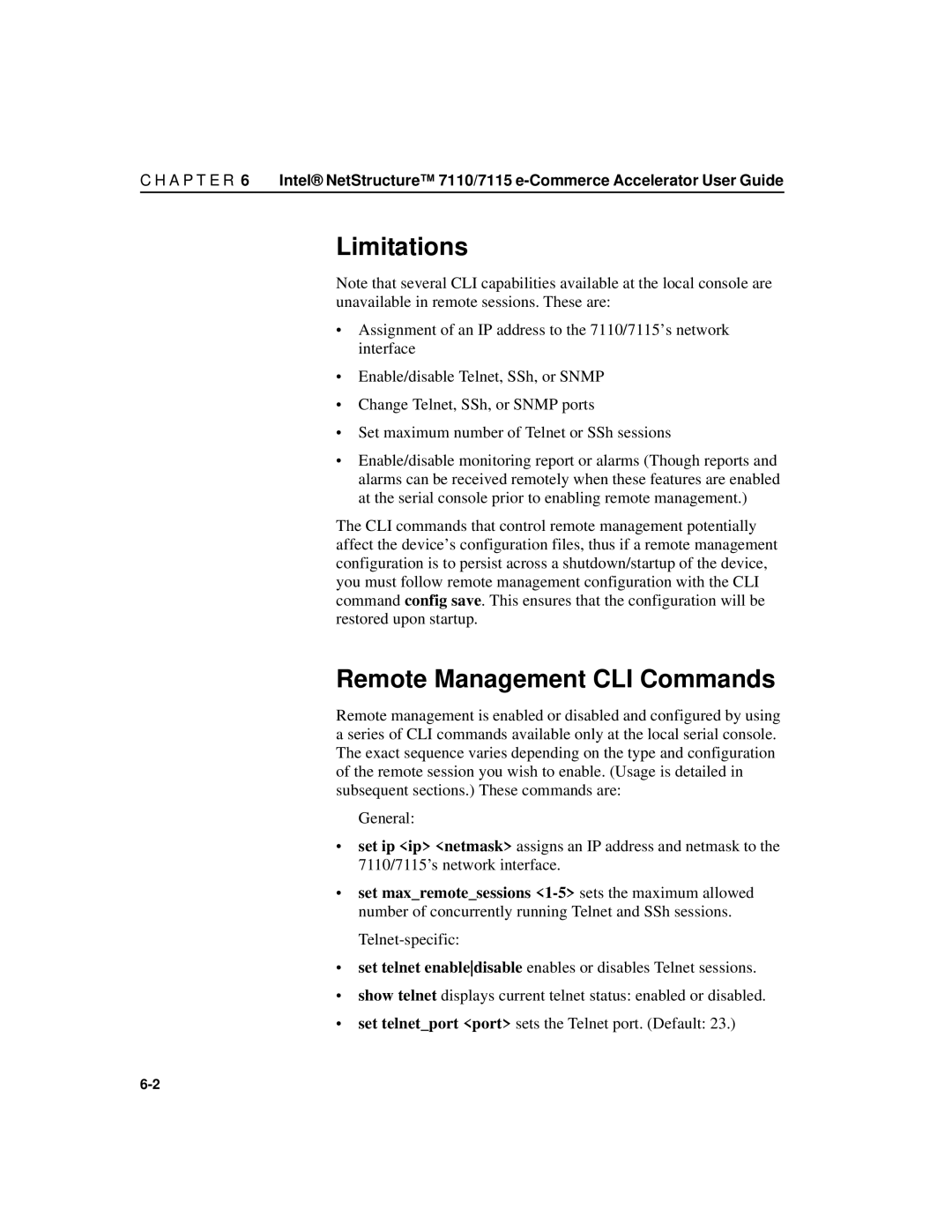 Intel A31032-001 manual Limitations, Remote Management CLI Commands 