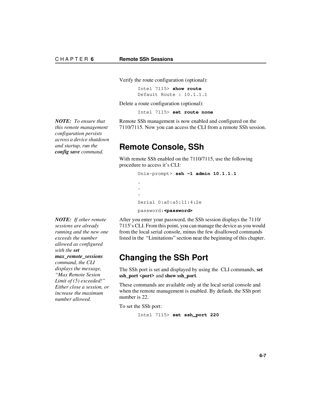 Intel A31032-001 manual Remote Console, SSh, Changing the SSh Port, Unix-promptssh -1 admin, Passwordpassword 