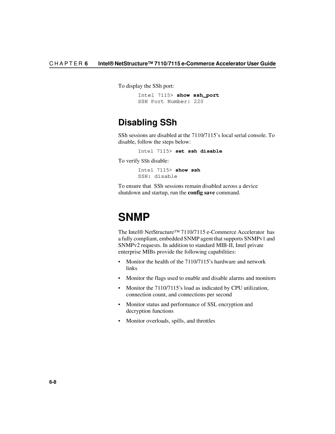 Intel A31032-001 manual Disabling SSh, To display the SSh port, To verify SSh disable, Intel 7115 set ssh disable 