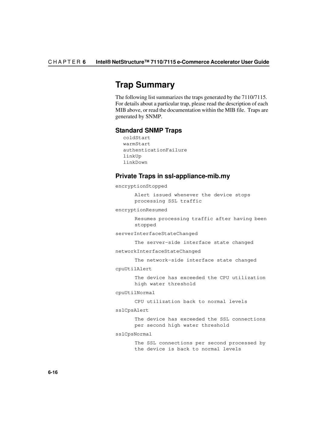 Intel A31032-001 manual Trap Summary, Standard Snmp Traps, Private Traps in ssl-appliance-mib.my 