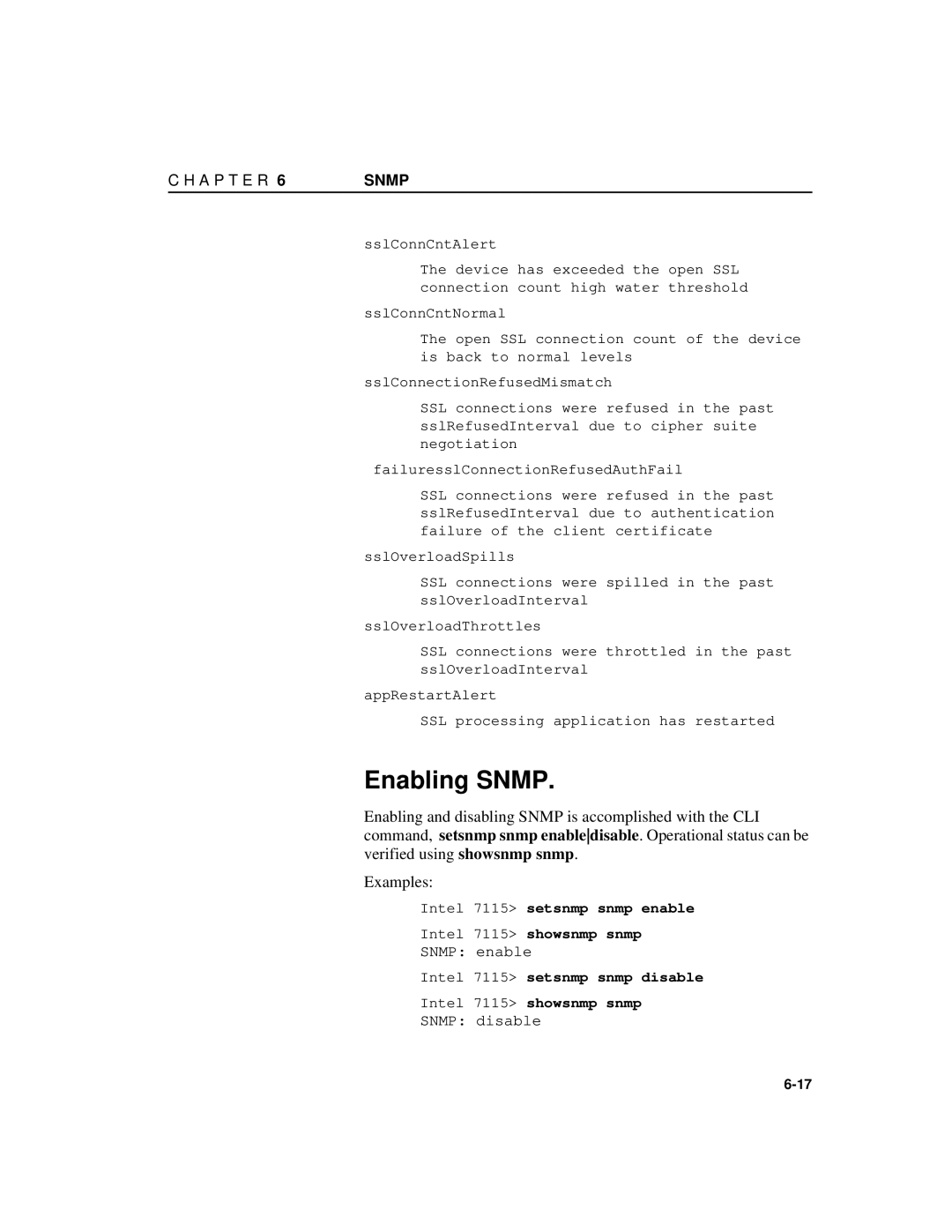 Intel A31032-001 manual Enabling Snmp, Intel 7115 setsnmp snmp enable Intel 7115 showsnmp snmp 