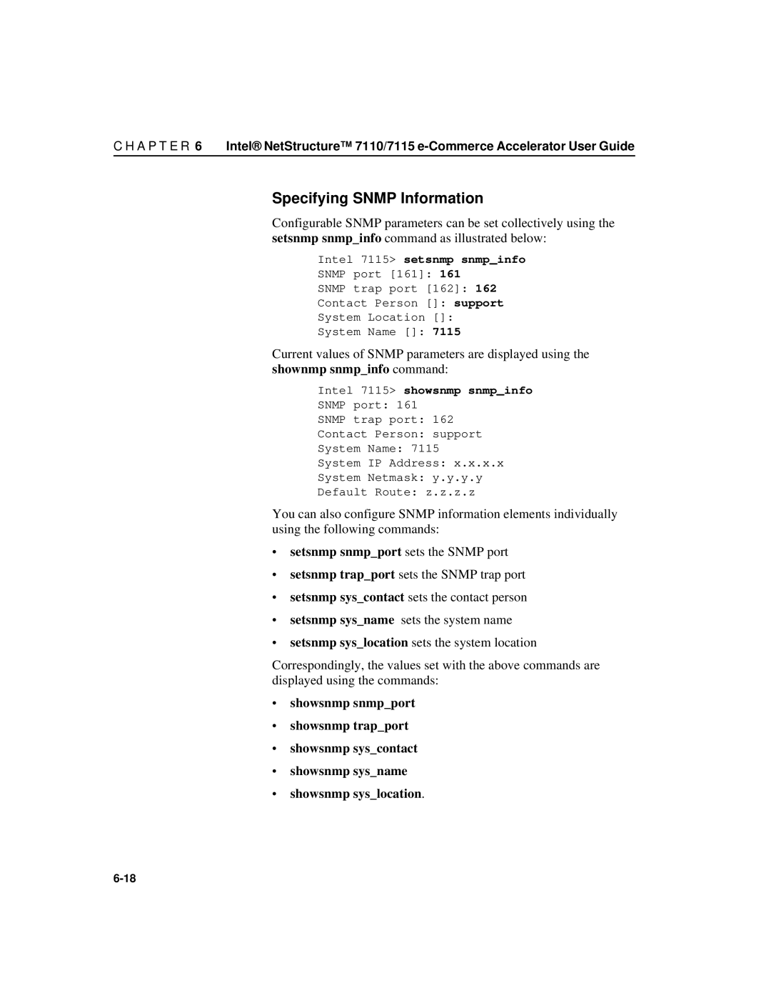 Intel A31032-001 manual Specifying Snmp Information, Intel 7115 showsnmp snmpinfo 