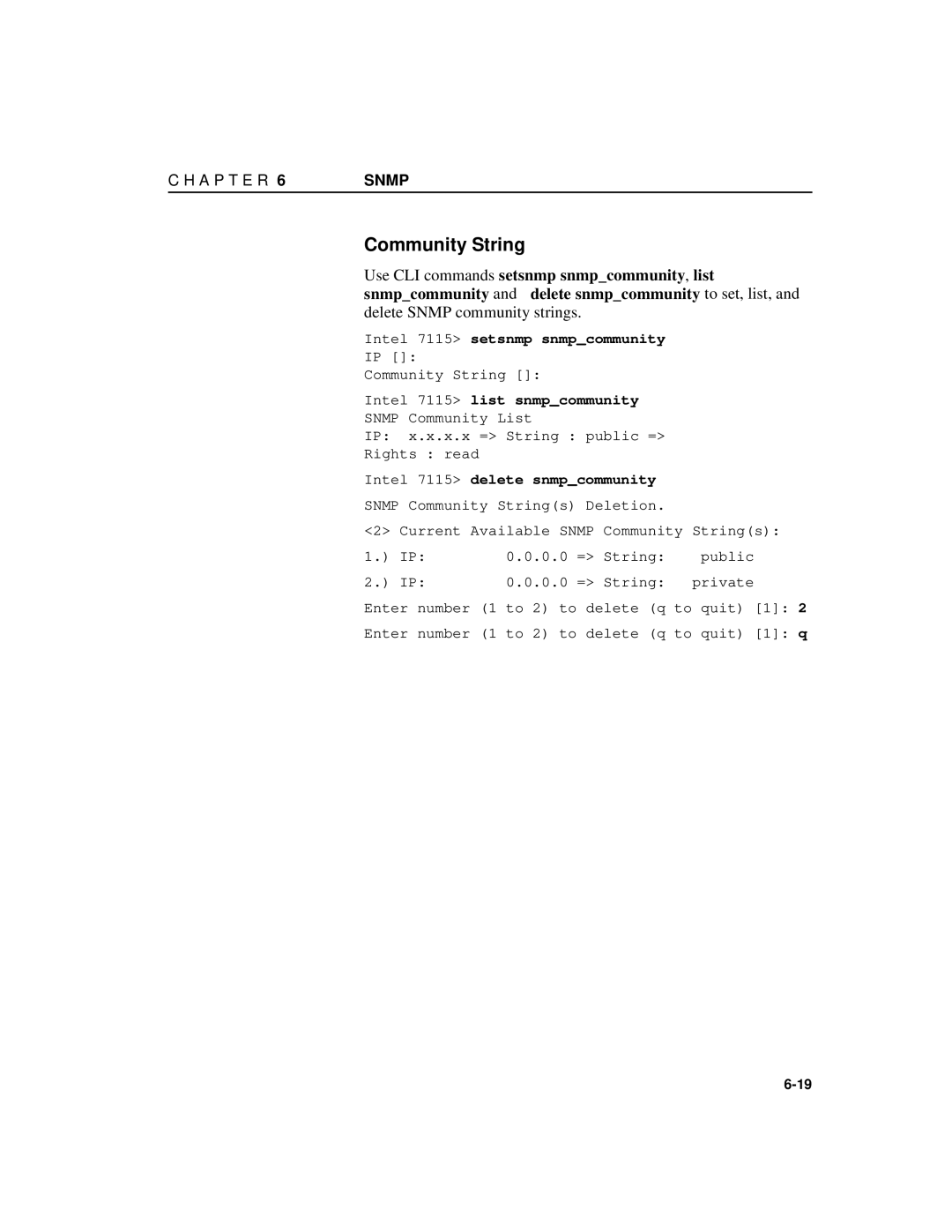 Intel A31032-001 manual Community String, Intel 7115 delete snmpcommunity 