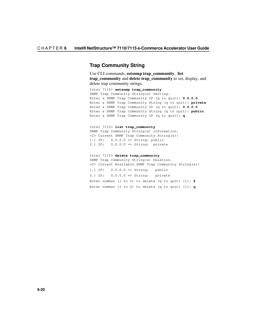 Intel A31032-001 manual Trap Community String, Use CLI commands, setsnmp trapcommunity, list 