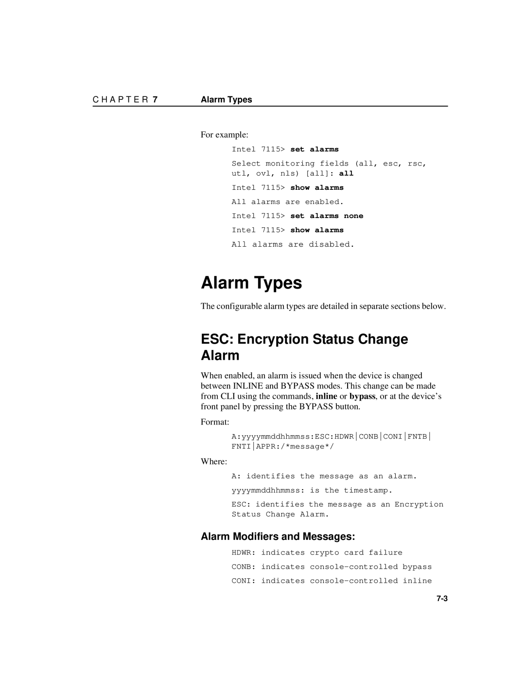 Intel A31032-001 manual Alarm Types, ESC Encryption Status Change Alarm, Alarm Modifiers and Messages, For example 