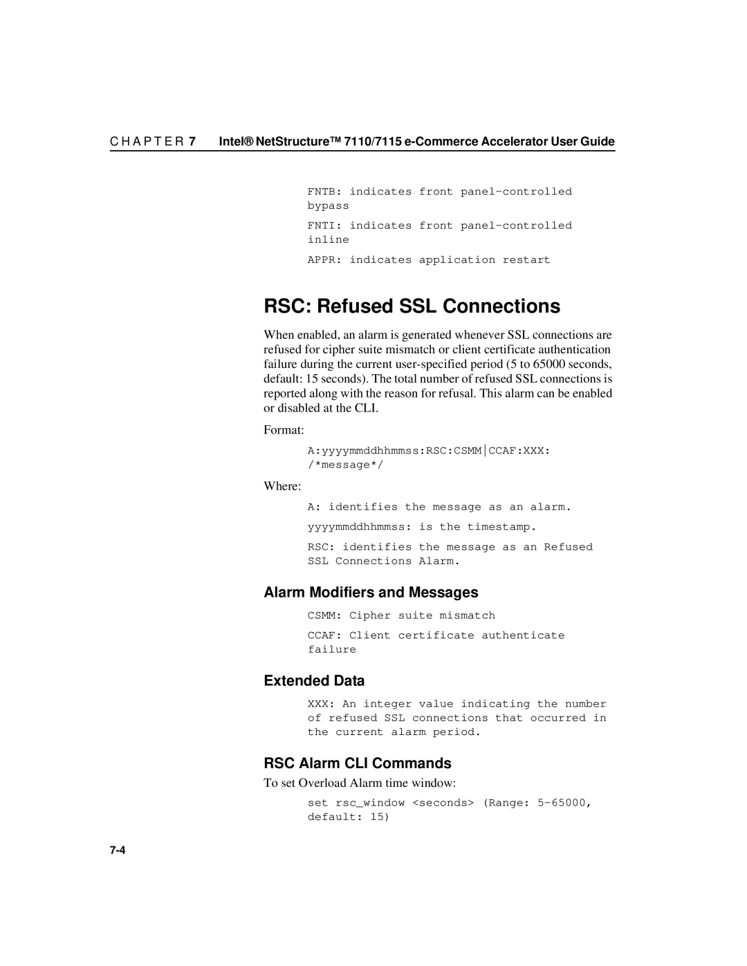 Intel A31032-001 RSC Refused SSL Connections, Extended Data, RSC Alarm CLI Commands, To set Overload Alarm time window 