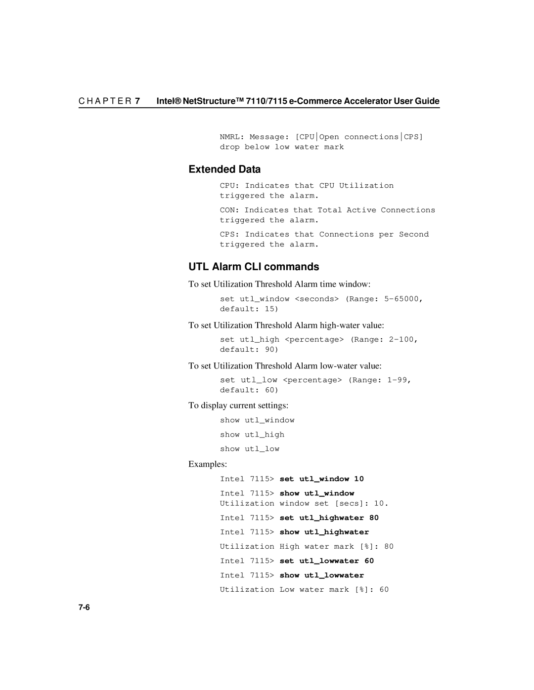 Intel A31032-001 manual UTL Alarm CLI commands, To set Utilization Threshold Alarm time window, To display current settings 