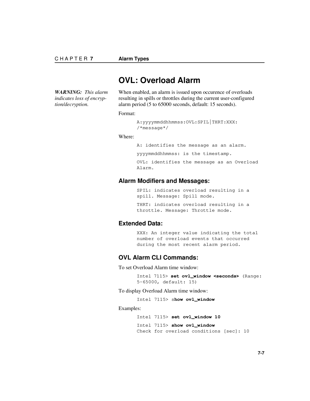 Intel A31032-001 manual OVL Overload Alarm, OVL Alarm CLI Commands, Intel 7115 set ovlwindow seconds Range 