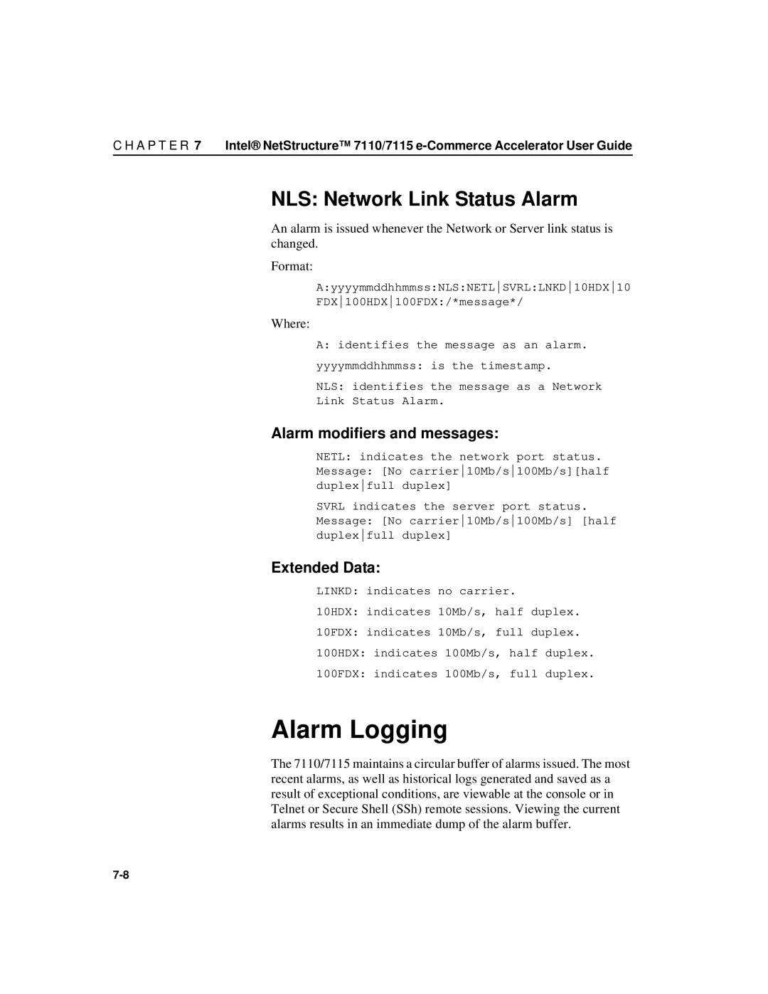 Intel A31032-001 manual Alarm Logging, NLS Network Link Status Alarm 