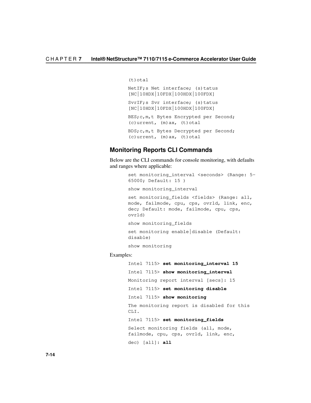 Intel A31032-001 manual Monitoring Reports CLI Commands, Intel 7115 set monitoringfields 