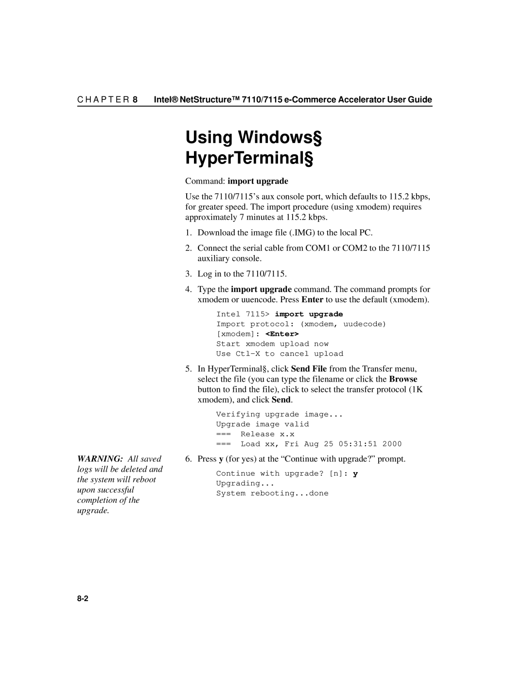 Intel A31032-001 manual Using Windows§ HyperTerminal§, Press y for yes at the Continue with upgrade? prompt 