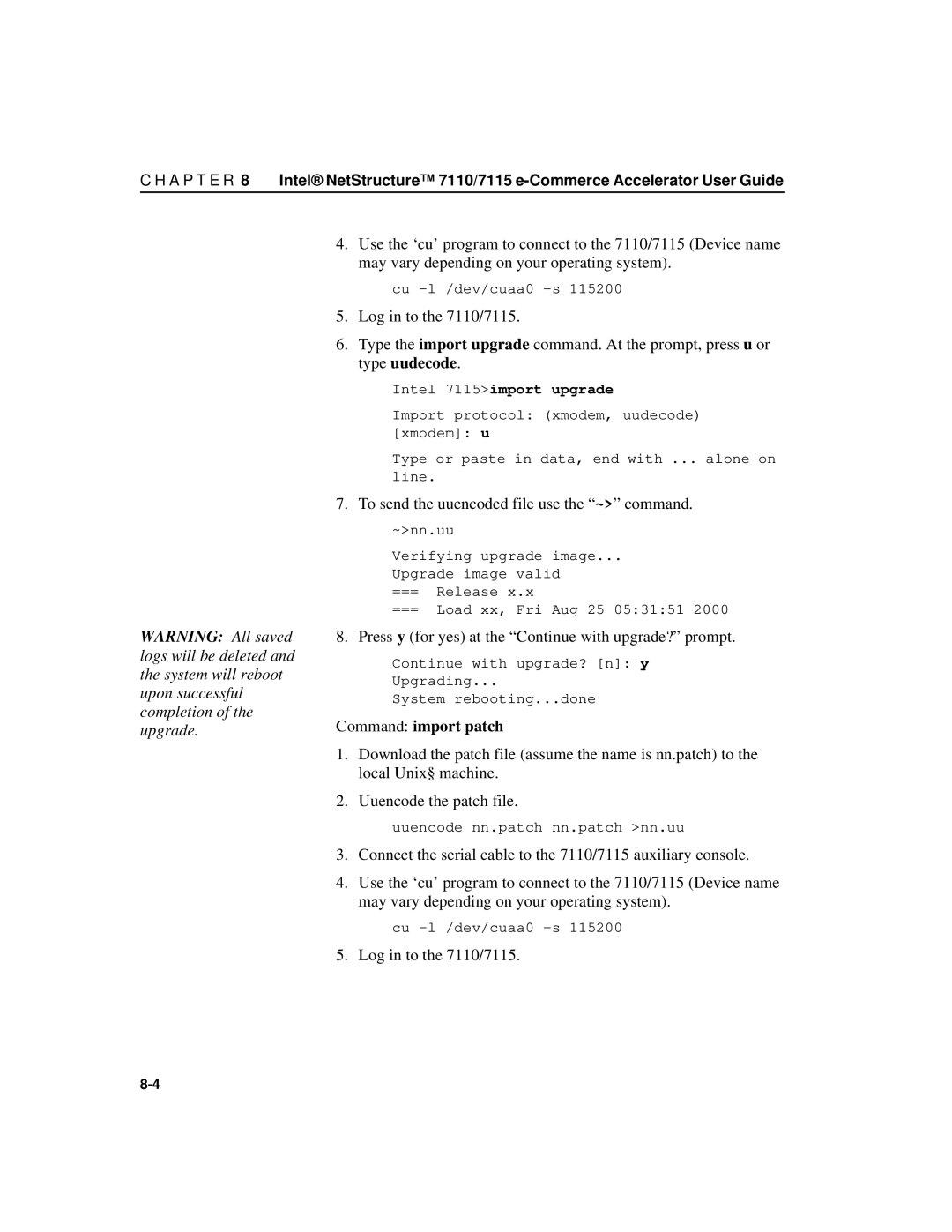 Intel A31032-001 manual To send the uuencoded file use the ~ command, Intel 7115import upgrade 