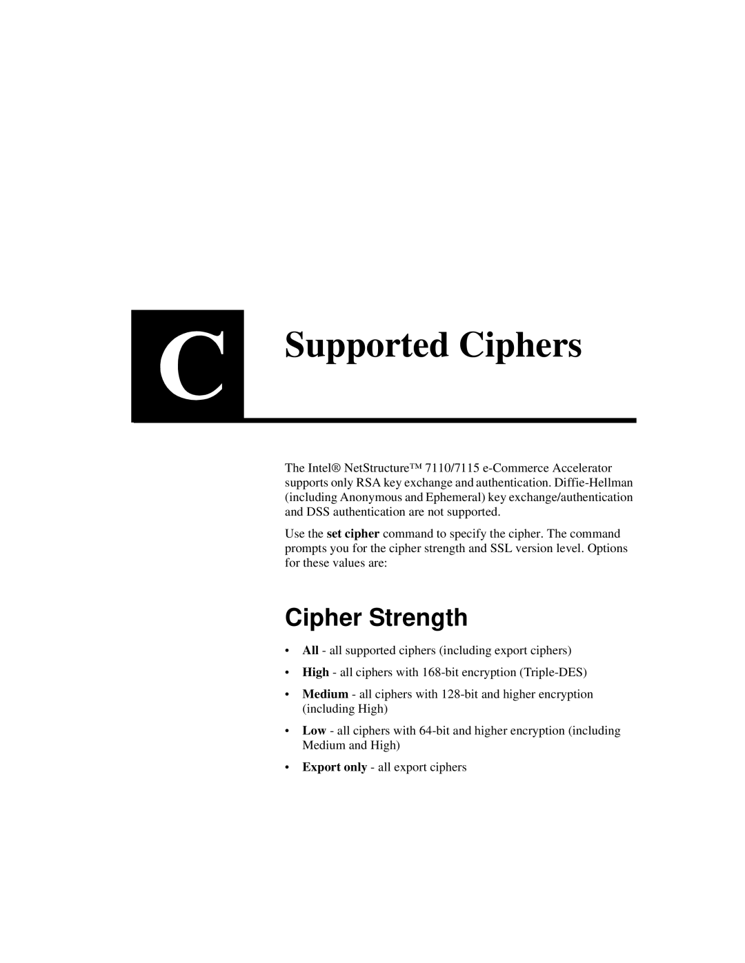 Intel A31032-001 manual Supported Ciphers, Cipher Strength 