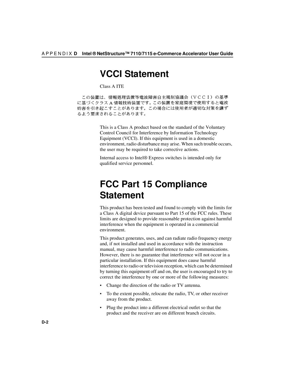 Intel A31032-001 manual Vcci Statement, FCC Part 15 Compliance Statement 