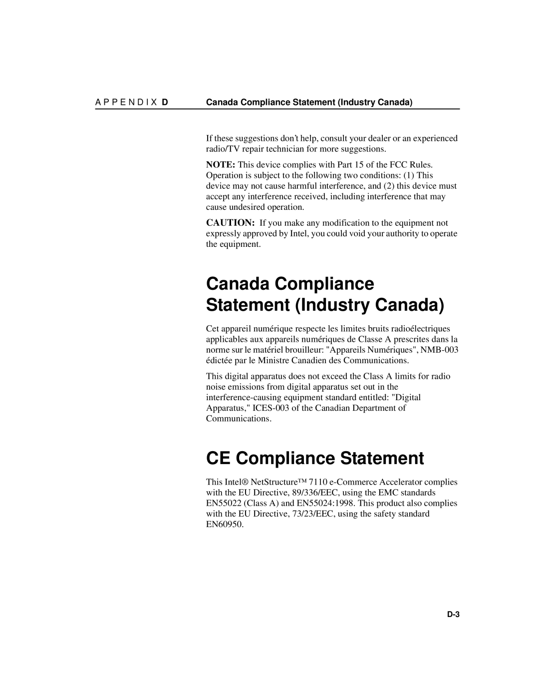 Intel A31032-001 manual Canada Compliance Statement Industry Canada, CE Compliance Statement 