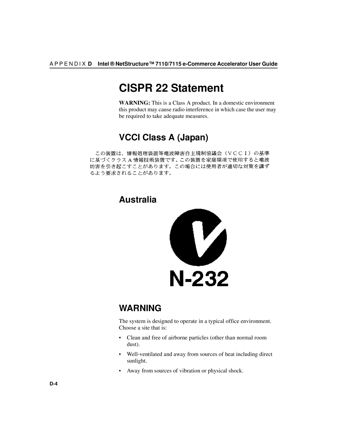 Intel A31032-001 manual Cispr 22 Statement, Vcci Class a Japan Australia 