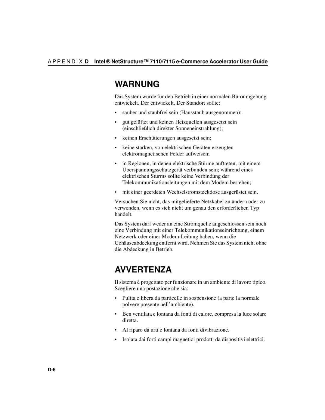 Intel A31032-001 manual Warnung 